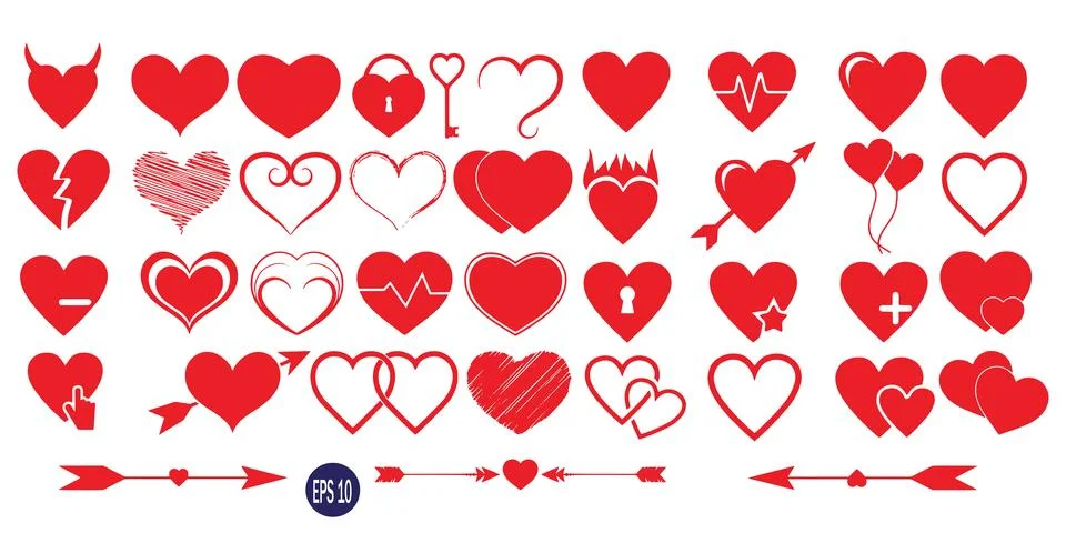 Red heart icon vector collection with various romantic shapes symbols arrows Stock Illustration