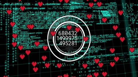 Red heart icons with numerical data circles on digital code animation background Stock Footage 303430179
