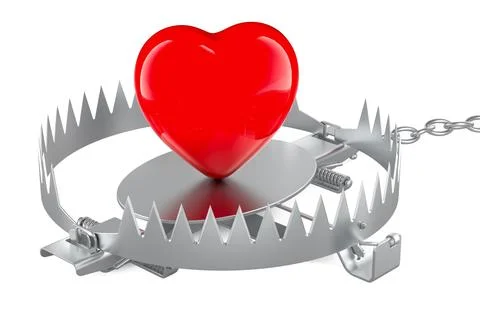 Red heart inside bear trap, 3D rendering Illustrazione stock