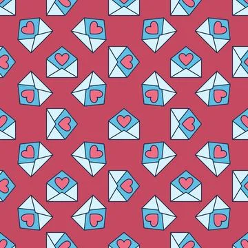 Red Heart inside Envelope vector colored seamless pattern 스톡 일러스트