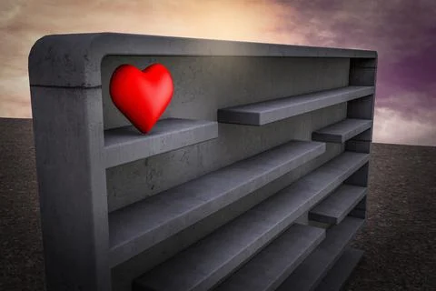 Red heart inside a maze at sunset magenta sky demonstrating healthcare compli Stock Illustration