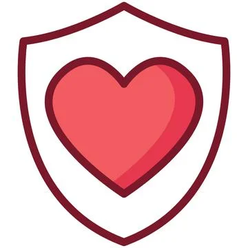 Red heart inside shield outline flat icon for health care protection design. Illustrazione stock