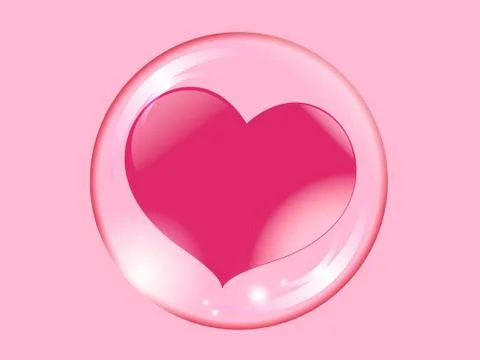 Red heart inside a transparent sphere on a pink background soap bubble Stock Illustration