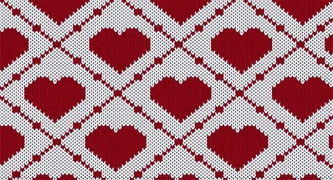 Red heart knitted pattern, Festive Sweater Design. Seamless Knitted Pattern,  Stock Illustration