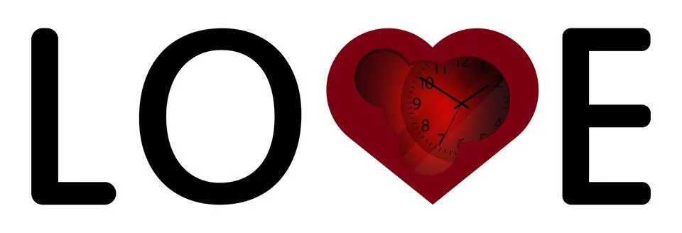 Red heart logo with clockwork inside, symbol of time, time for love Illustrazione stock