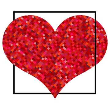 Red heart made of pixels in black square. Valentines Day background Stock Illustration