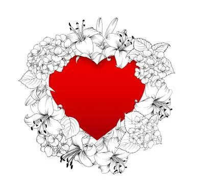Red heart in the middle of the image. Blooming flowers garland around text place Stock Illustration