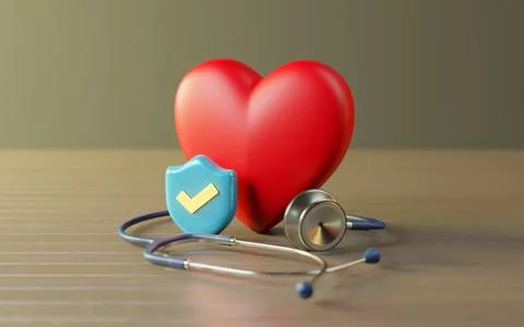 Red heart model, Stethoscope with Shield protect, Family insurance concept,.. Illustrazione stock