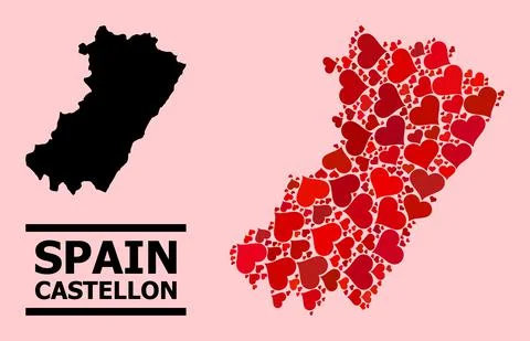 Red Heart Pattern Map of Castellon Province 스톡 일러스트