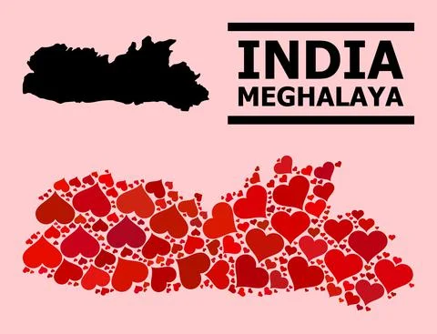 Red Heart Pattern Map of Meghalaya State Stock Illustration
