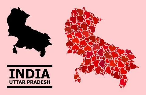 Red Heart Pattern Map of Uttar Pradesh State 스톡 일러스트