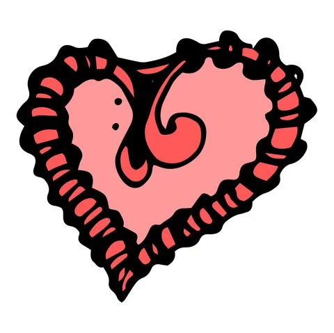 A red heart with a pattern of stripes. hand-drawn in the doodle style, pink and Stock Illustration