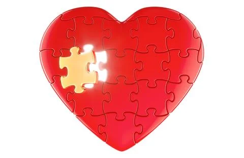 Red heart from puzzles without one gold piece with light inside, 3D rendering Illustrazione stock