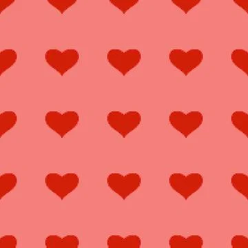 Red heart seamless pattern in pixel art style. pink background. 8 bit wallpap Stock Illustration