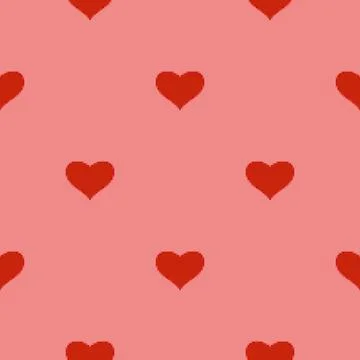 Red heart seamless pattern in pixel art style. pink background. 8 bit wallpap Stock Illustration