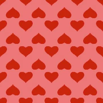 Red heart seamless pattern in pixel art style. Stock Illustration