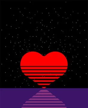 Red heart setting over water with striped horizon, symbolizing romance, lov.. Ilustração Stock
