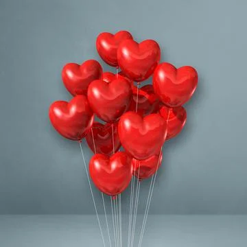Red heart shape balloons bunch on a grey wall background Illustrazione stock