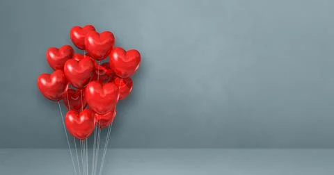 Red heart shape balloons bunch on a grey wall background. Horizontal banner. Illustrazione stock