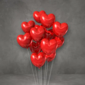 Red heart shape balloons bunch on a grey wall background Stock Illustration