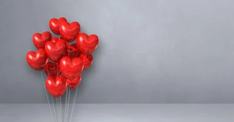 Red heart shape balloons bunch on a grey wall background. Horizontal banner. Stock Illustration