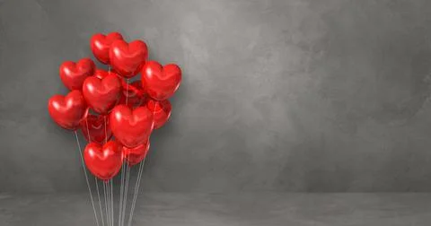 Red heart shape balloons bunch on a grey wall background. Horizontal banner. Illustrazione stock
