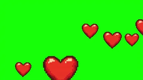 Red heart shape pixel icon particles animation on green screen Stock Footage 303390332