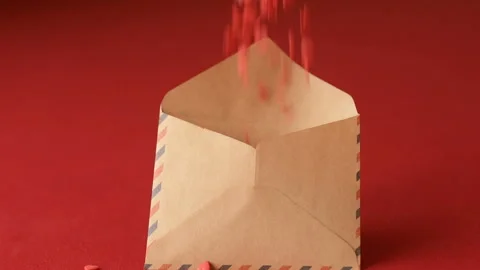 Red heart shaped confetti fall in valentine card. Stock Footage 147032740