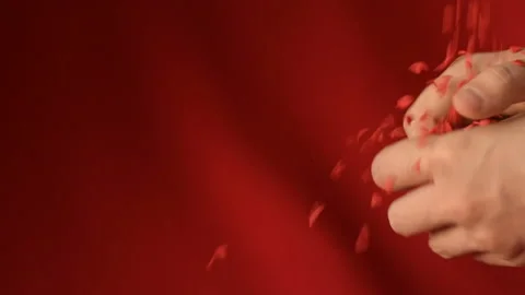 Red heart shaped confetti fall in man's hands Stock Footage 147034180