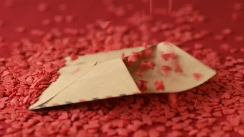 Red heart shaped confetti fall in valentine card Stock Footage 147037629