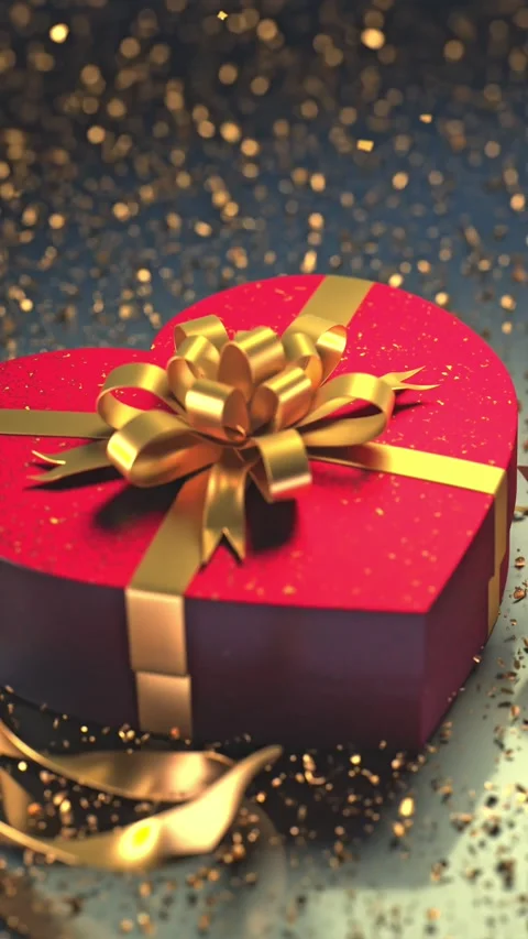 Red heart-shaped gift box with a gold bow and three roses on a glittery sur.. Stock Footage 295346340