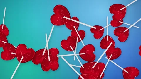 Red Heart Shaped Lollipops Falling Over Blue Gradient Mesh Background Stock Footage 346435440