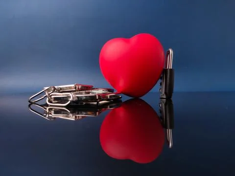Red, heart-shaped object next to a small black padlock and a set of keys, s.. Stock Photos