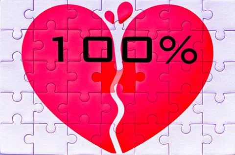 Red heart-shaped puzzle with a broken center and '100%' text. Stock Illustration
