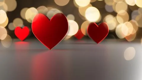 Red heart shapes with bokeh effect and reflections 3d rendering love or Illustrazione stock