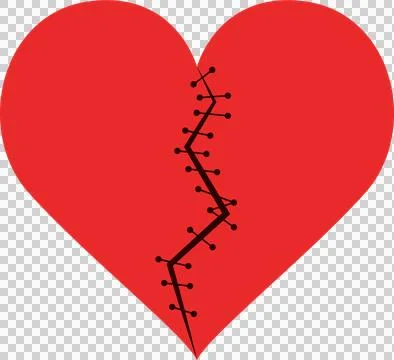 A red heart is shown divided by a dark crack and stitched back together wit.. Stock Illustration