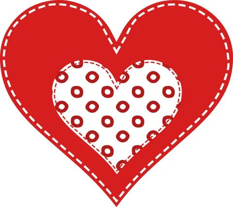Red heart stitched with white thread, inside the heart in red polka dots, pat Stock Illustration
