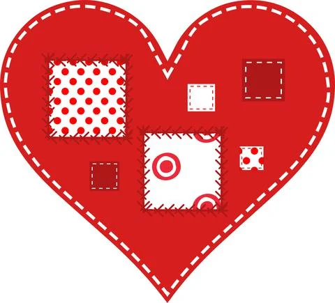 A red heart stitched with white threads, a heart in a patchwork technique and Stock-Illustration