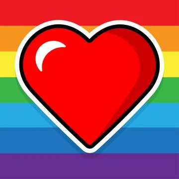 Red heart on a striped multicolored background. Cartoon sticker. LGBT Pride イラスト素材