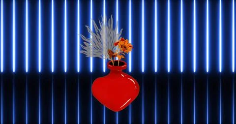 Red heart vase floating over studio floor with orange blooms, silver reeds, Stock Illustration