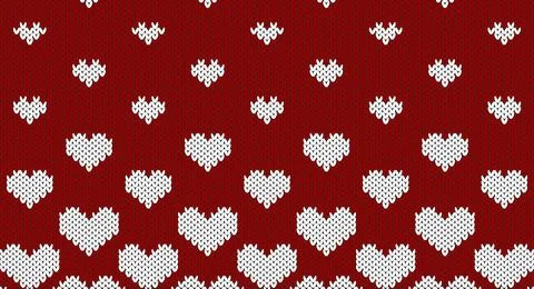 Red heart on white knitted pattern, Festive Sweater Design. Seamless Knitte.. イラスト素材