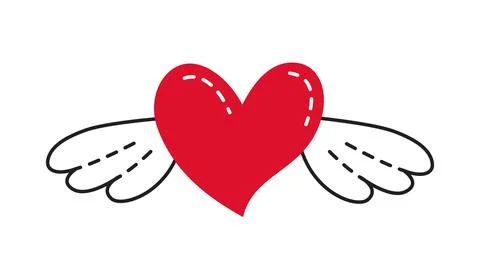 Red Heart with wings doodle flat style love isolated icon symbol of love Illustrazione stock