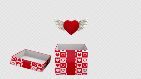 Red heart with wings from gift box - 3d render looped with alpha channel. Stock Footage 259954900