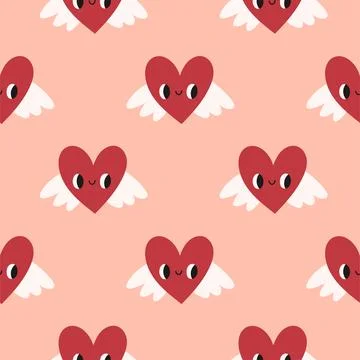 Red heart with wings pattern on pink. Vector seamless pattern with hearts Stock Illustration