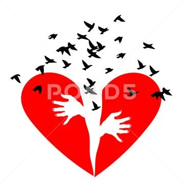 Red heartbreak. Birds fly out of a broken heart. Broken heart or divorce. Bro Stock Illustration