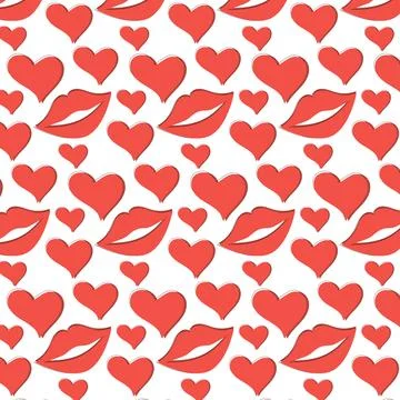 Red hearts and lips, repeating pattern on isolated background Illustrazione stock