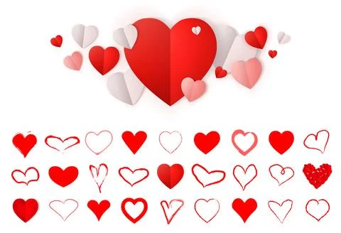 Red hearts big set. 8 march day icons. Heart signs isolated on white background. Stock Illustration