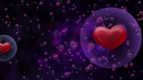 Red Hearts Bubbles Floating in Cosmic Purple Background Stock Footage 297750645
