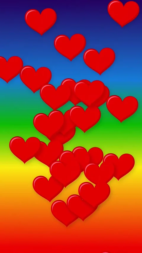 Red Hearts Falling Over Vibrant Rainbow Gradient Background Vertical Animation Stock Footage 342315660