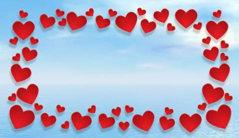 Red hearts frame in front of beautiful ocean day - 3D render Stock Illustration